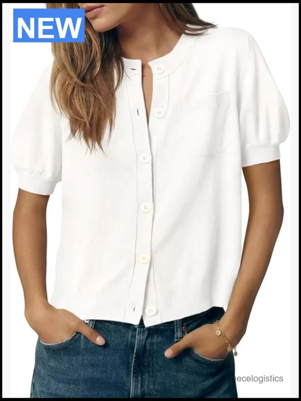 Puff Sleeve Cardigan Crew Neck Button Down Lightweight Knit Summer Top